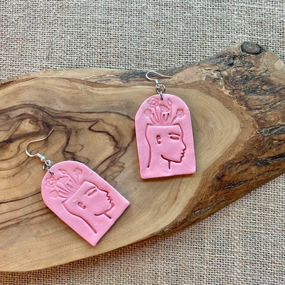 Handmade Clay Earrings | Large Arch | Pink Mental Health Awareness | Hook Backs - Picture 1 of 3
